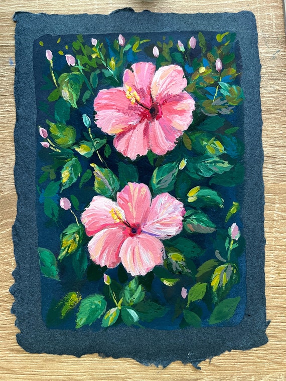 オリジナルのガッシュ画 - ピンクのハイビスカス - ハワイ州の花