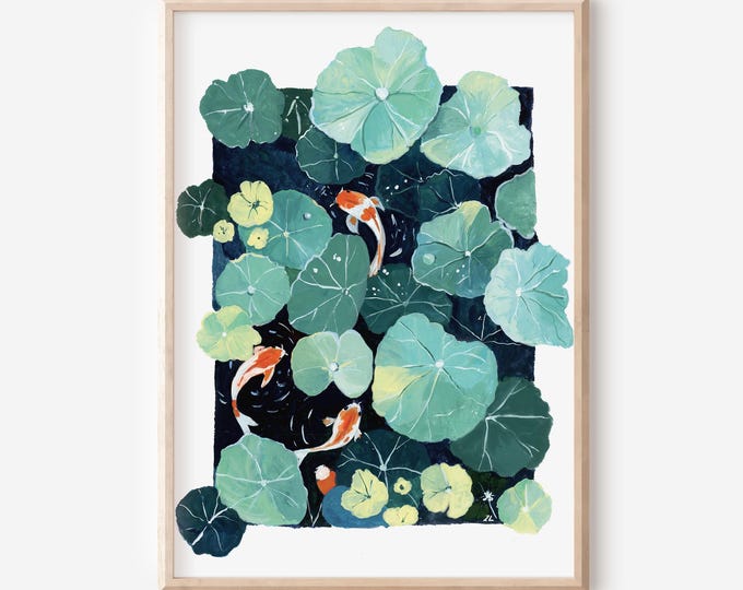 Koi Fish Art Print, Lotus Pond Gouache Painting for Calm Decor