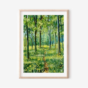 Gouache-kunstdruk bos: natuurdecor lentepad