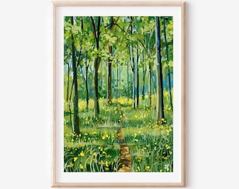 Gouacheschilderij lente bospad: bos natuur kunstafdruk