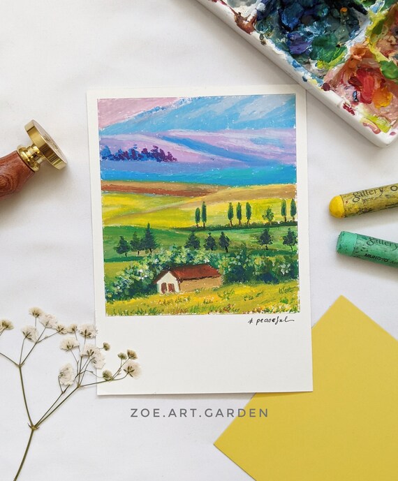 Original Gouache and Oil Pastel Painting Mini Art Landscape Etsy