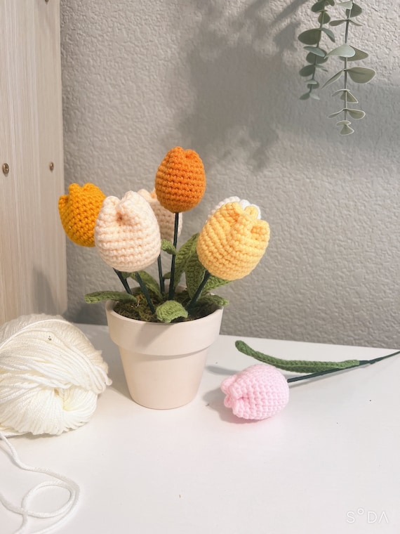 Handmade Crochet Tulip in Ceramic Pot: Colorful Desk Decoration - Etsy