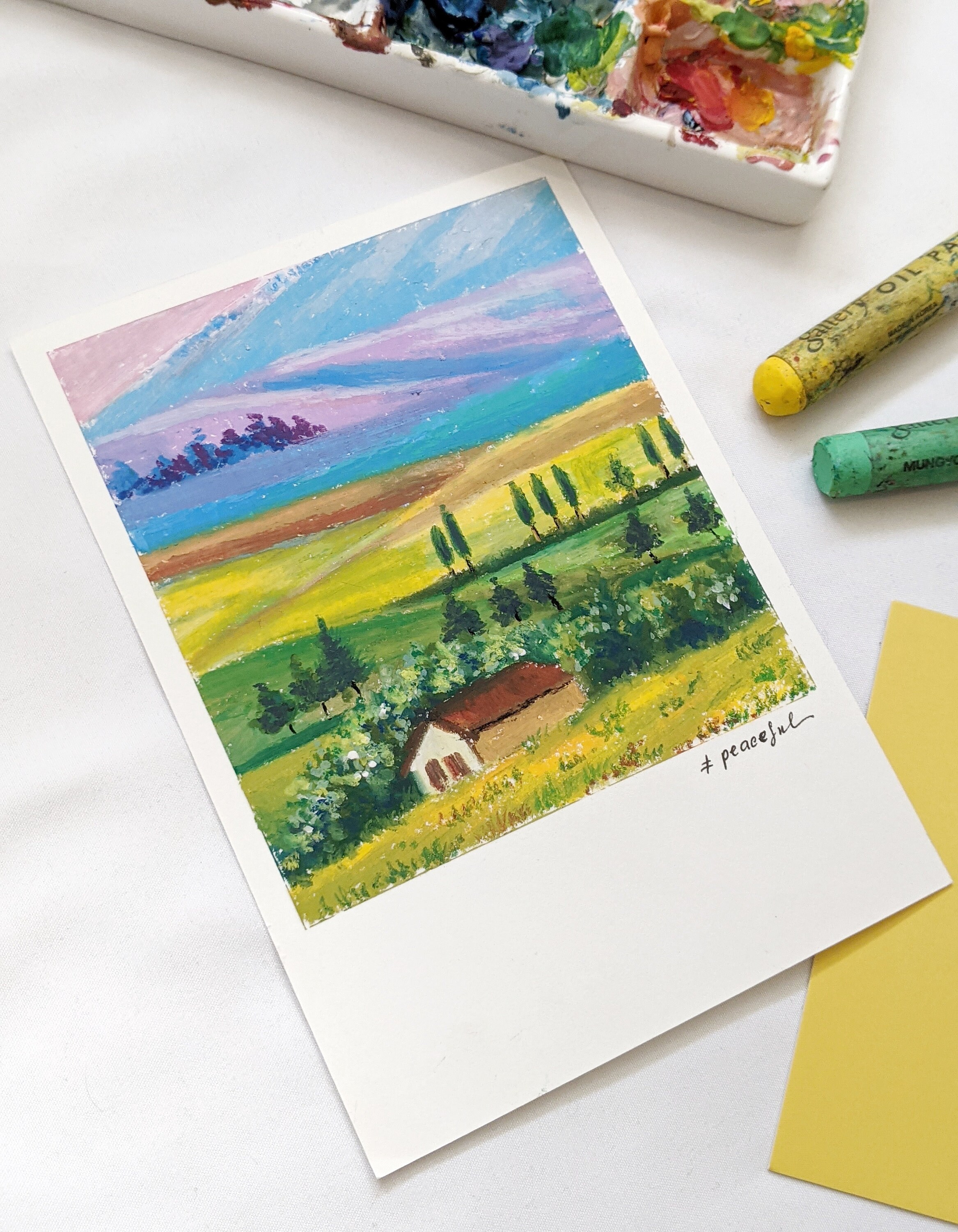 Original Gouache and Oil Pastel Painting Mini Art Landscape Etsy