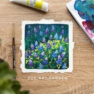 Original Gouache Texas Bluebonnet Painting: Handmade Floral Art, 5x5