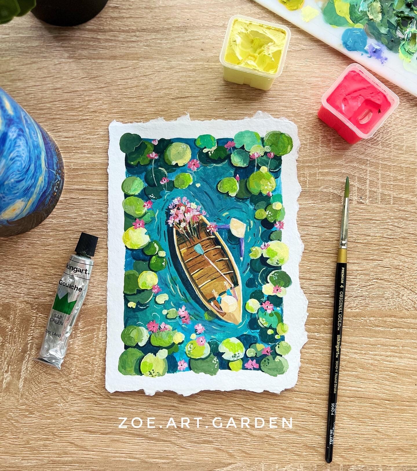 禅の睡蓮グアッシュアートプリント：蓮の舟のイラスト、禅シリーズ N