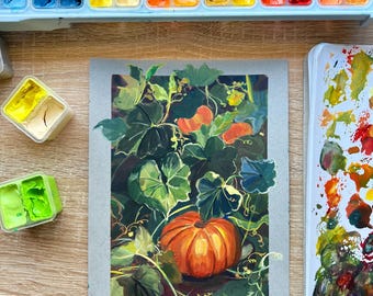 Original Gouache Pumpkin Painting: Whimsical Autumn Wall Art (6x8 in)