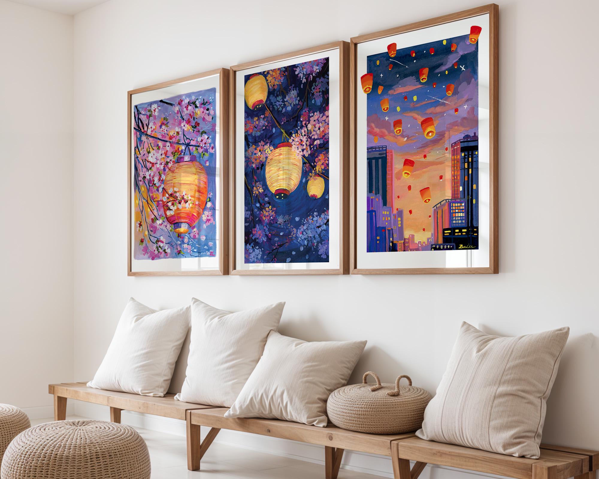 灯籠流しアートプリント：夕焼け空、アジアの風景画 - Etsy 日本
