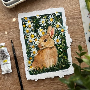 Original Gouache painting Bunny and Daisy Animal Art Bunny painting Cute animal painting Nature Art Housewarming image 2