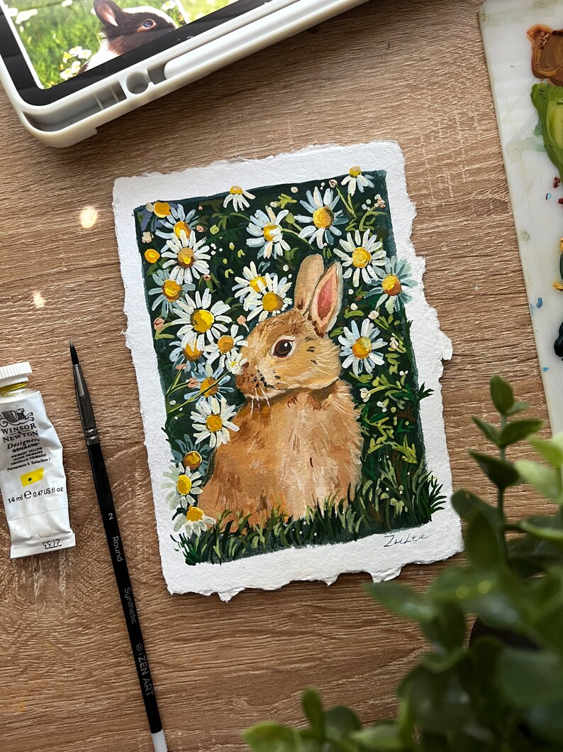 Original Gouache painting Bunny and Daisy Animal Art Bunny painting Cute animal painting Nature Art Housewarming image 2