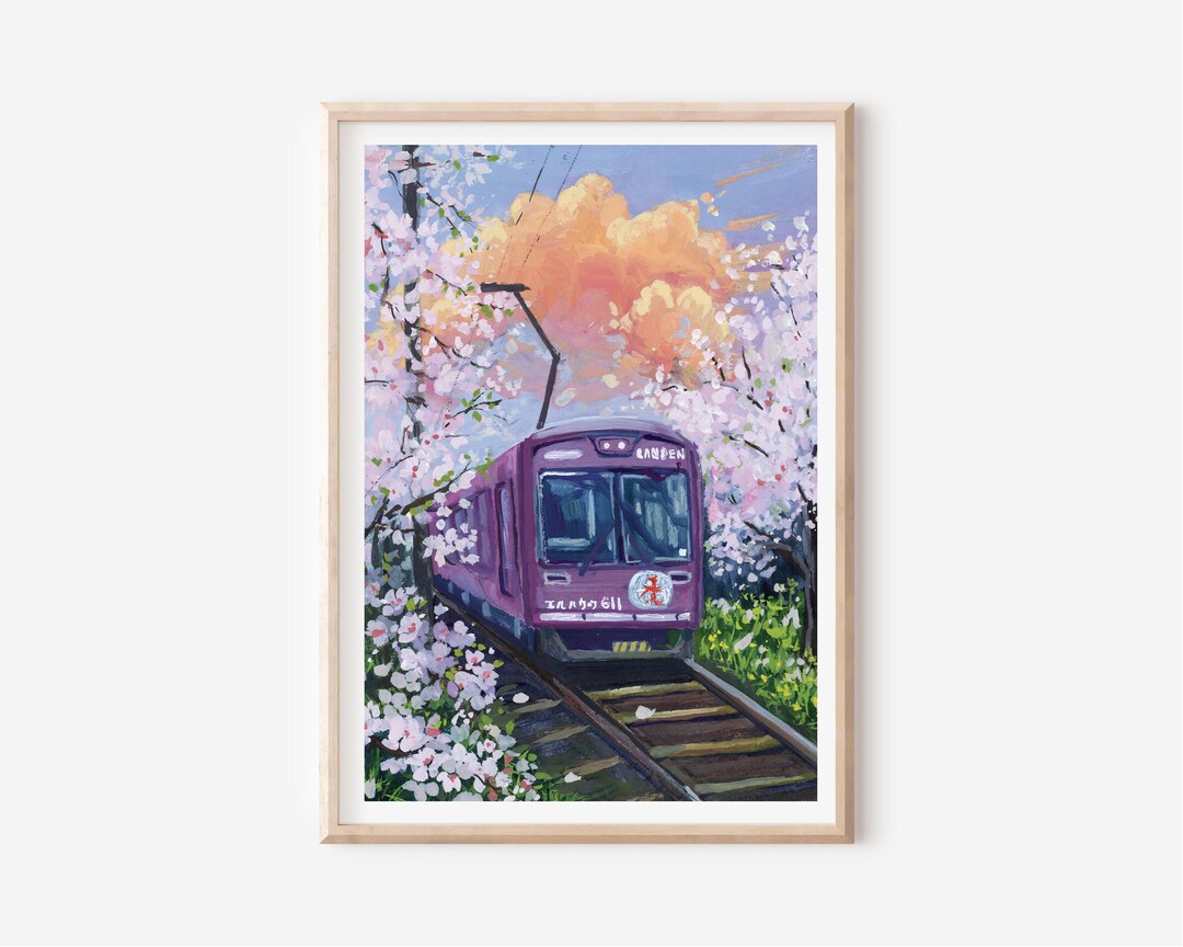 Spring Painted Train Spring Train Art Print: Cherry Blossom Gouache Painting, Floral Nature ...
