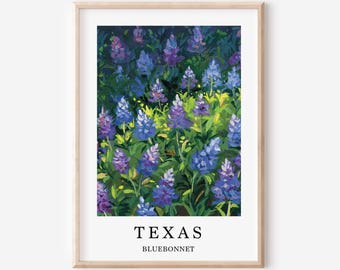 Kunstdruck „Texas Bluebonnet“, lebendige Gouache-Blumenmalerei als Wanddekoration