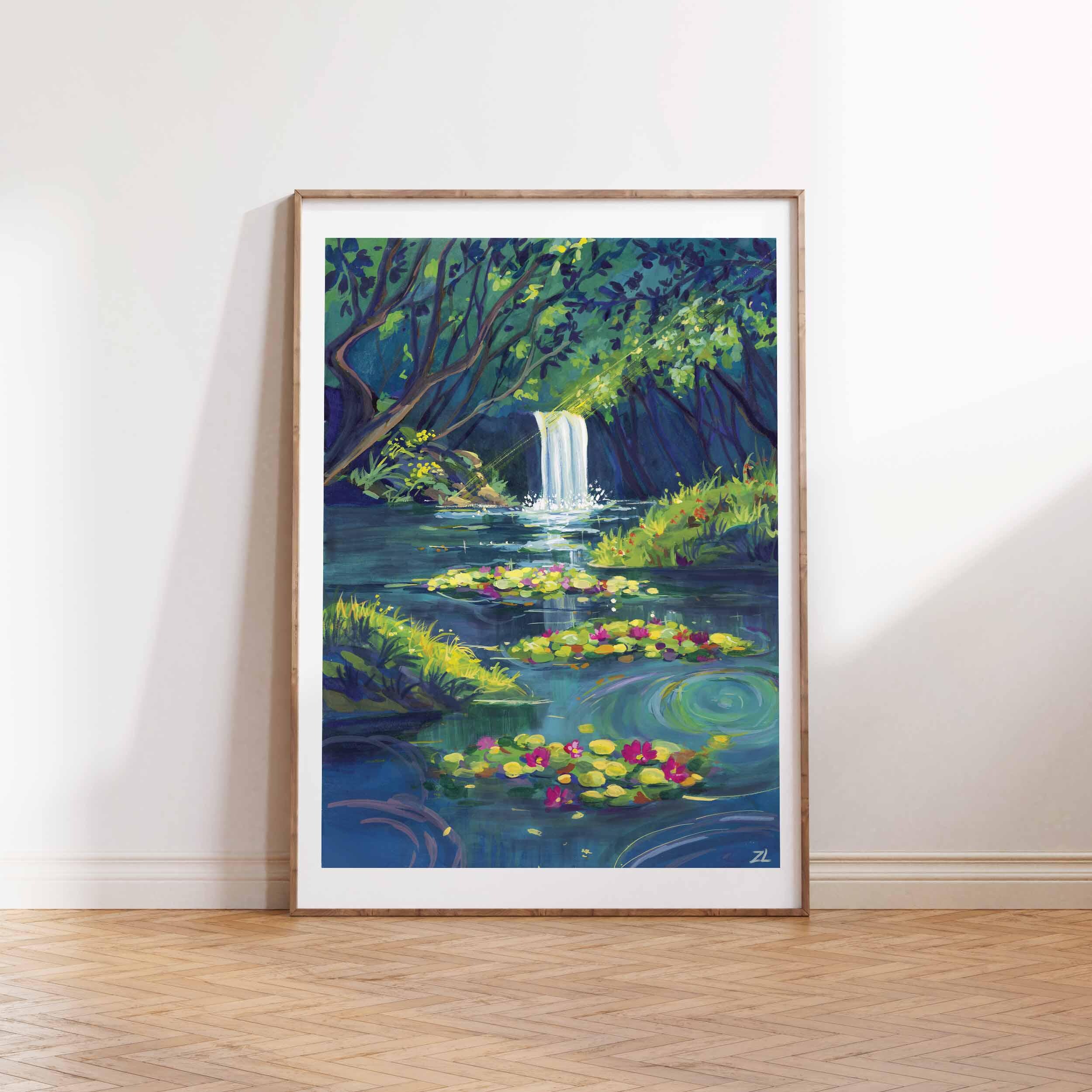 オリジナルガッシュ絵画：魔法の森の滝の風景画（6×8インチ） - Etsy 日本