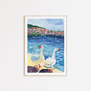 Cheerful Ducks Art Print: Hand-Painted Gouache, Nursery Decor, Frame Options