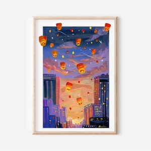 Golden hour - Lanterns painting- Night sky illustration- Cityscape art- Wall Art Print Sunset Painting - Housewarming Gift- Bedroom wall art