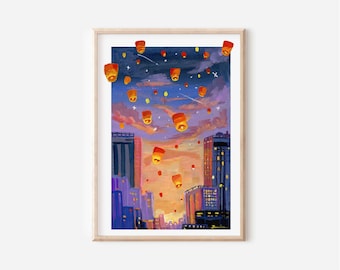 Floating Lanterns Art Print: Sunset Sky, Asian Landscape Painting