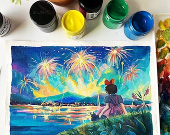 Pode incluir: Uma pintura em aquarela de uma menina sentada em uma colina gramada com vista para um lago com fogos de artifício explodindo no céu. A menina está vestindo um vestido rosa e um laço vermelho. O lago reflete os fogos de artifício e as luzes da cidade ao longe. A pintura é assinada "ZOE.ART.GARDEN".