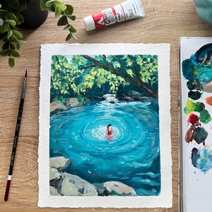 Original Gouache Painting: Blue Pond Summer Landscape, 8x10 Nature Art