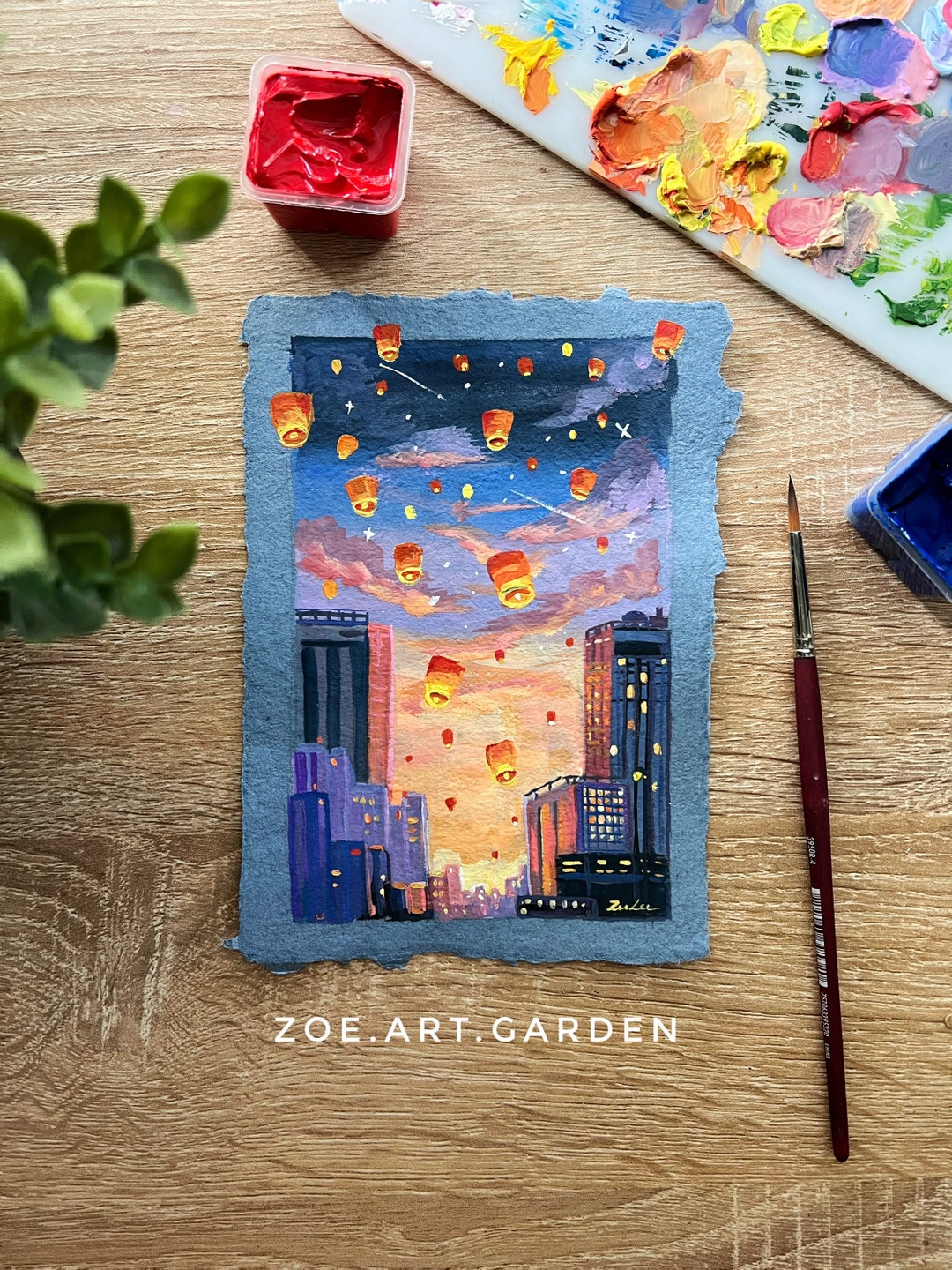 Original Gouache Painting Sky Lanterns Mid Autumn Series Sky Art Sunset Art Nature Art Landscape