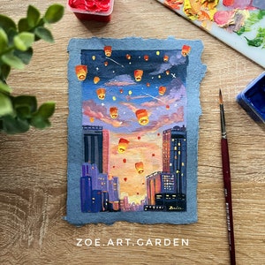 Original Gouache painting- Sky Lanterns- Mid Autumn Series - Sky art- Sunset art- Nature Art- Landscape Painting - Housewarming