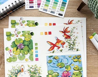 Sketchbook page spread- Goldfish and Waterlilies art print- Flowers print- Duck art- Illustration painting - Cute print