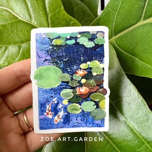 White border Sticker- Water lilies art- Water lily Sticker - Illustration Koi fish - Gouache art- Small sticker- Waterproof Sticker