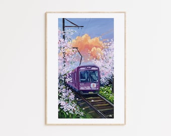 Digital DOWNLOAD- Spring train in Japan- Printable Art- Cherry Blossom Painting- Flower art- Spring art- Handpainted artwork