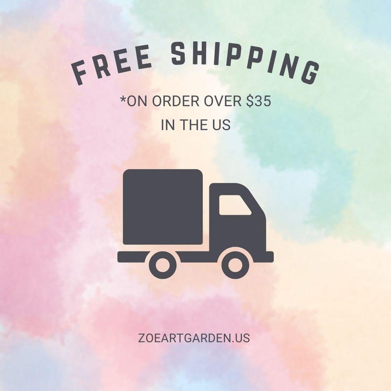 A graphic with text "FREE SHIPPING *ON ORDER OVER $35 IN THE US" and a dark gray delivery truck icon on a pastel watercolor background.