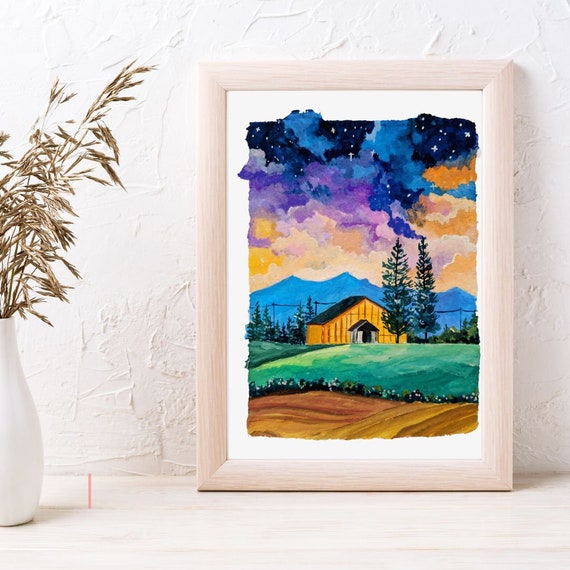 Original Gouache Painting Dreamy Sky Gouache Landscape -  Hong Kong