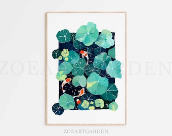 Koi Fish and Lotus Pond Art Print: Zen Gouache Painting (Digital Download)