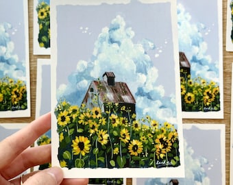 Sunflower field postcard- Art print - Flowers painting- Flower postcard - Ghibli postcard- Mini art print- Nature art