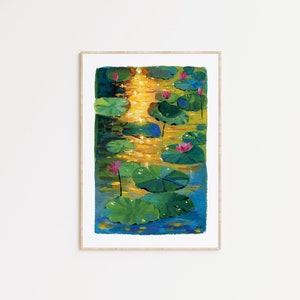 Stampa artistica di uno stagno di loto al tramonto: pittura a guazzo vibrante