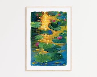 Lotus Pond Study IV- Sunset pond - Lotus art- Gouache painting- Bedroom decor- Magical Art print- Wall Art Print- Art prints- Gift art