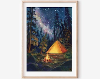 Campfire Gouache Painting Print: Cozy Camping Landscape Wall Art
