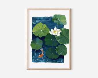 Koi Fish and Lotus Gouache Painting: Zen Series Art Print N.01