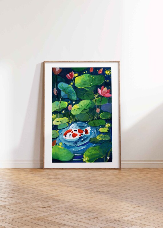 鯉の池のアートプリント：ホタルと蓮、子供部屋の壁飾り - Etsy 日本
