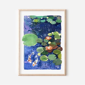 Seerosen im Regen Art Print - Zen Nr. 3 - Seerosenmalerei - Natur Wand Kunst Druck - Gouache Kunst - Koi Fisch Kunst - Fisch Wandkunst