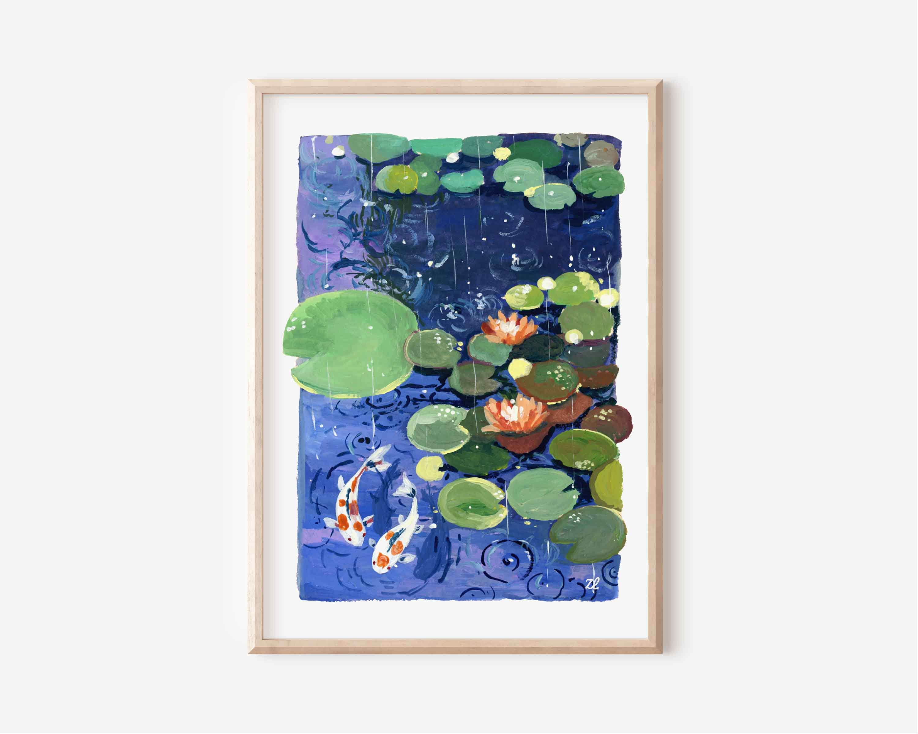 雨の中の睡蓮のアートプリント：禅の鯉の池 - 自然の壁アート - Etsy 日本
