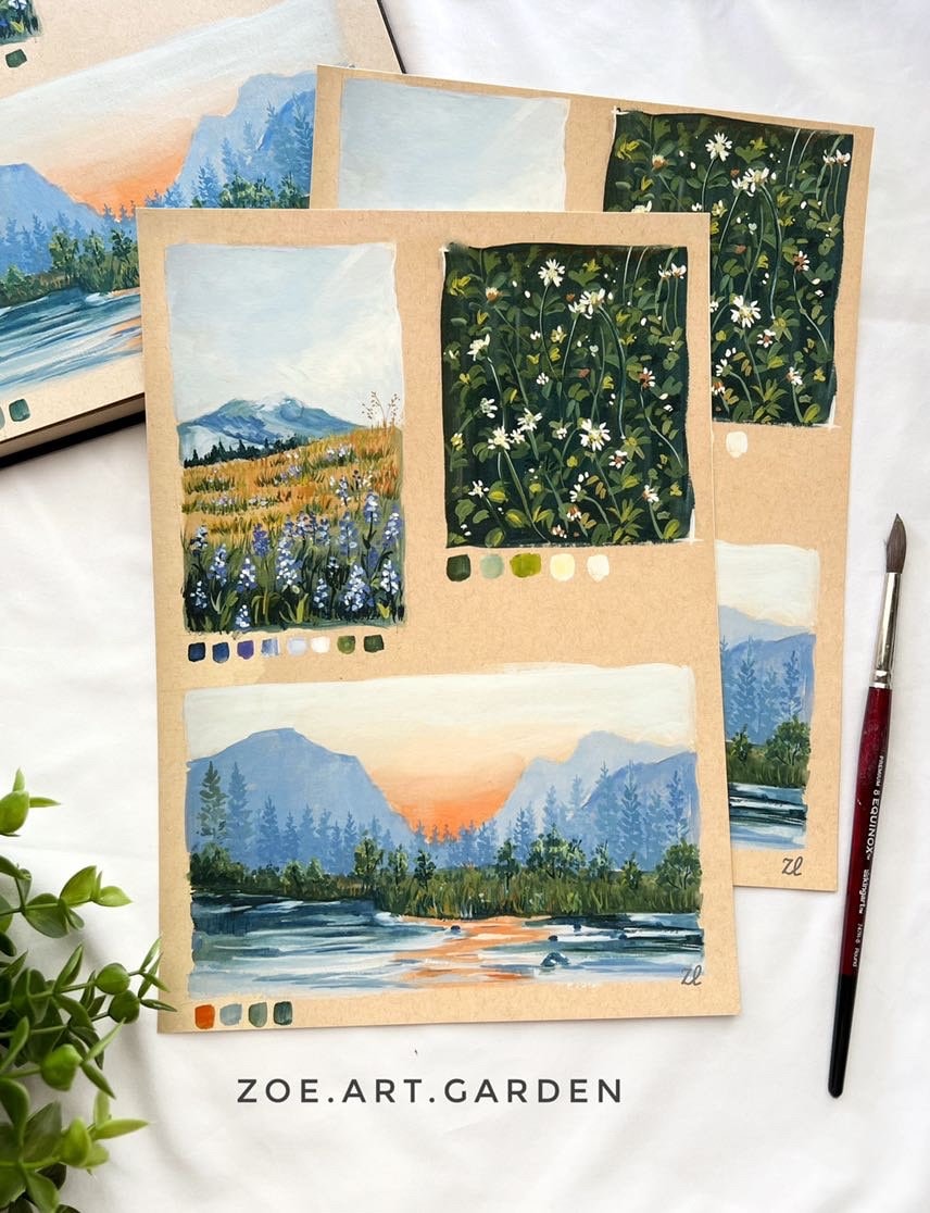 Flipping through the last few pages of my gouache sketchbook  Gouache  painting, Nature art painting, Diy canvas art painting