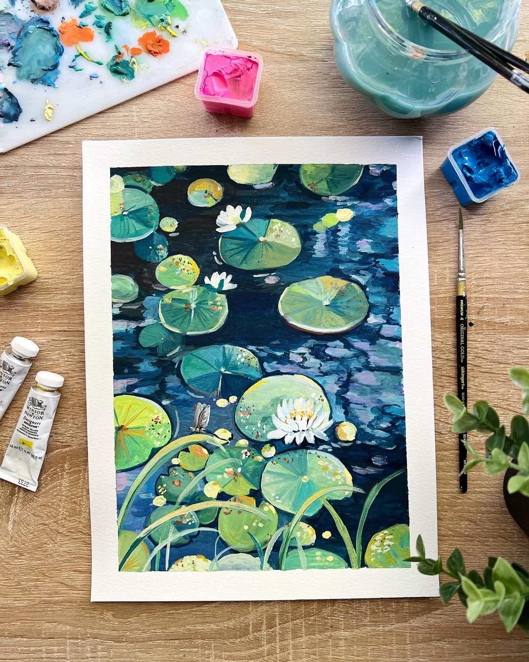 オリジナルのグアッシュ蓮池絵画：植物の花のアート - Etsy 日本