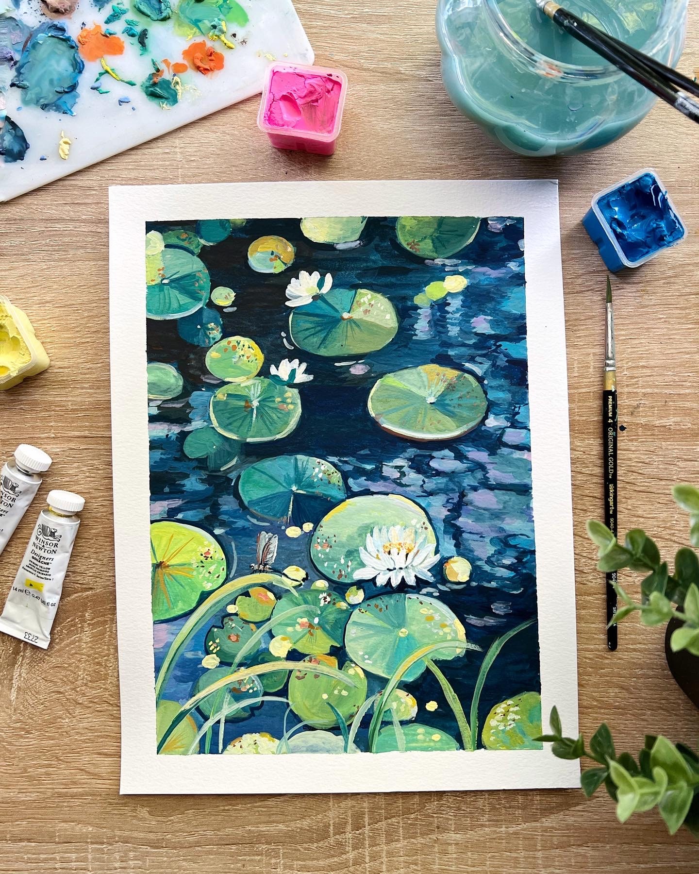 Original gouache painting- White lotus pond in the summer- Flowers painting  - Nature Art- Lotus Painting - Botanical art- Housewarming