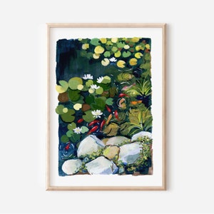 Download DIGITALE - Lo stagno estivo - Arte con ninfee e fiori di loto - Illustrazione di una carpa koi - Arte murale stampabile - Arte scaricabile - Dipinto di ninfee.