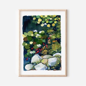 The Summer pond -Water lily & Lotus art- Koi fish illustration- Water lily- Room Wall Art- Vibrant wall art- Housewarming gift