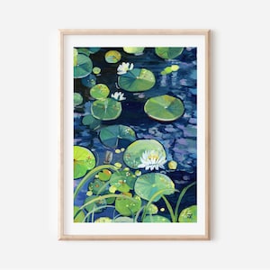 Pintura em guache com lírio d&#39;água: impressão de arte botânica de lótus, decoração natural para casa
