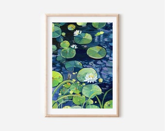 Gouache painting- Tranquility- Water lily - Lotus art- Botanical art - Flower illustration- Nature Art- Floral Painting - Housewarming