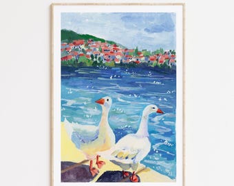 Lámina artística de pato: alegre ilustración en gouache para la decoración de la habitación infantil.