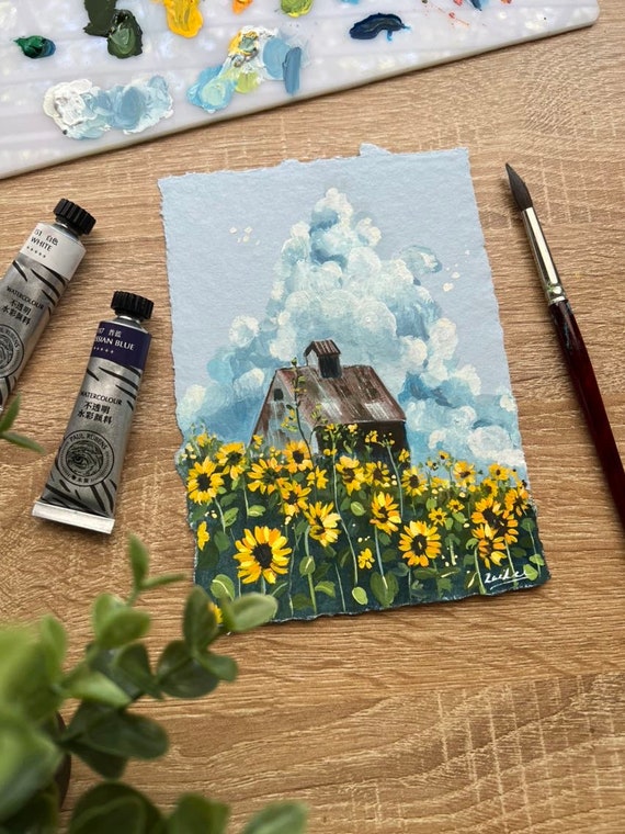 オリジナルのひまわりグアッシュ絵画：雲のアート、自然の風景（5 x 7