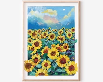 Sunflower Field Gouache Painting: Cottagecore Botanical Art Print