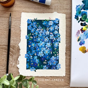 Pintura gouache "Nomeolvides": Arte floral botánico, papel hecho a mano de 5x7