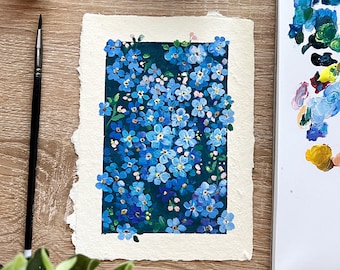 オリジナルグアッシュ絵画：青い池の夏の風景、8x10の自然アート