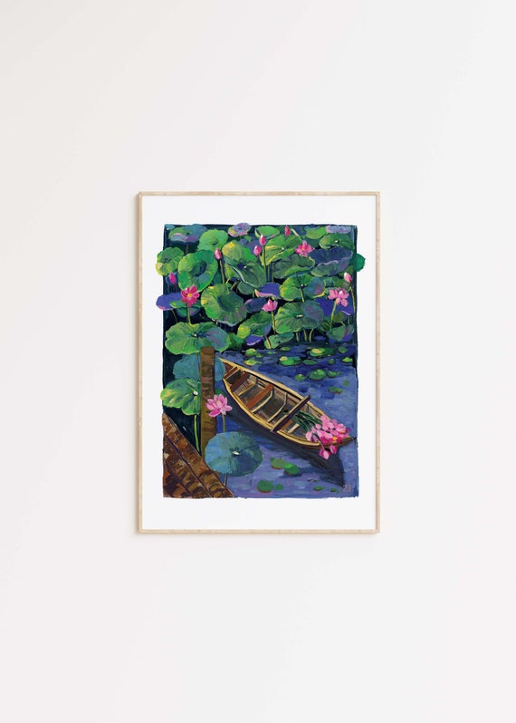 蓮の壁掛けアートプリント • 植物装飾のための穏やかなガッシュ絵画